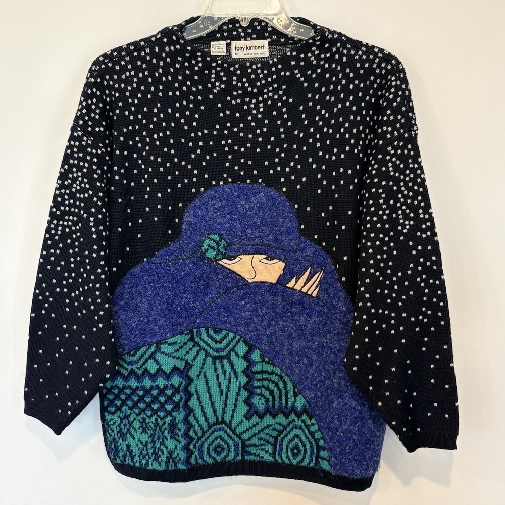 VTG Tony Lambert Art Sweater M Abstract Woman Face Wool Boho Lagenlook 80s